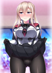 Rule 34 | 1girl, black pantyhose, black skirt, blonde hair, blush, breasts, capelet, clothes lift, cowboy shot, embarrassed, female focus, gluteal fold, graf zeppelin (kancolle), hair between eyes, highres, kantai collection, large breasts, lifting own clothes, looking to the side, pantyhose, pleated skirt, purple eyes, ruin re birth, sidelocks, skirt, skirt lift, solo, standing, thigh gap, tsurime, twintails, wavy mouth