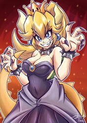 Rule 34 | 1girl, black dress, blonde hair, blue eyes, blush, bowsette, bracelet, breasts, dress, earrings, fangs, highres, horns, jewelry, jewery, kraus-illustration, large breasts, long hair, mario (series), nails, new super mario bros. u deluxe, nintendo, open mouth, smile, spiked bracelet, spikes, tail