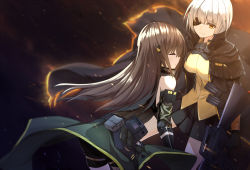 Rule 34 | 2girls, arm strap, assault rifle, bandana, bare shoulders, black jacket, black skirt, brown hair, closed eyes, clothes around waist, commentary request, detached sleeves, elbow pads, embers, eyepatch, girls&#039; frontline, gun, holding, holding gun, holding weapon, jacket, jacket around waist, light smile, long hair, m16, m16a1, m16a1 (boss) (girls&#039; frontline), m16a1 (girls&#039; frontline), m4a1 (girls&#039; frontline), m4a1 (mod3) (girls&#039; frontline), mag (mag42), magazine (weapon), mod3 (girls&#039; frontline), multiple girls, pouch, ribbed sweater, rifle, sangvis ferri, shirt, siblings, sisters, skirt, spoilers, sweater, sweater vest, trigger discipline, weapon, white hair, yellow eyes, yellow shirt
