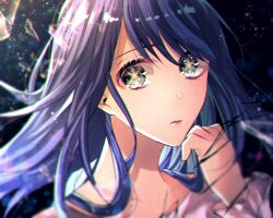 Rule 34 | 1girl, blue hair, blurry, chromatic aberration, closed mouth, collarbone, commentary, film grain, floating hair, frilled sleeves, frills, green eyes, hand up, kurokawa akane, light particles, long hair, long sleeves, looking at viewer, mady (madine08260), oshi no ko, portrait, shirt, solo, symbol-shaped pupils, white shirt