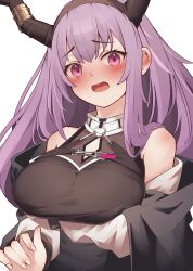 Rule 34 | 1girl, absurdres, arknights, arm under breasts, black dress, black jacket, blush, breasts, commentary, dress, highres, horn ornament, horns, hug, jacket, large breasts, long hair, looking at viewer, off shoulder, open mouth, pink eyes, purple hair, simple background, sky kirsche, sleeveless, sleeveless dress, solo, typhon (arknights), white background
