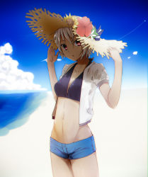 Rule 34 | 1girl, :o, absurdres, beach, bikini, bikini shorts, bikini top only, black bikini, blue shorts, blue sky, breasts, buttons, cleavage, cloud, cloudy sky, collarbone, commentary request, contrail, cowboy shot, day, flower, groin, hair between eyes, hands on headwear, hands up, hat, hat flower, hibiscus, highres, legs together, looking at viewer, midriff, navel, ocean, open mouth, original, outdoors, plant, red eyes, red flower, short hair, short shorts, shorts, sky, small breasts, solo, stomach, straw hat, sun hat, sunflower, swimsuit, teay (ttttteay), water, white hair, yellow flower