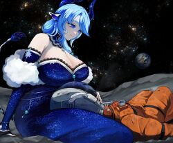 Rule 34 | 1girl, 1other, animal ears, animal print, artist request, blue dress, blue eyes, blue hair, blue horns, breasts, cleavage, closed mouth, commentary, cow tail, detached sleeves, dress, earth (planet), english commentary, feet out of frame, highres, horns, huge breasts, indie virtual youtuber, lap pillow, long hair, long sleeves, looking away, looking down, miilkywayz, mole, mole under eye, mole under mouth, on ground, planet, second-party source, sitting, sky, space, spacesuit, star (sky), star (symbol), starry background, starry sky, strapless, tail, virtual youtuber