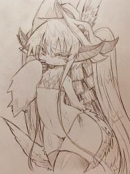 Rule 34 | 1other, animal ears, bikini, body fur, closed mouth, covered erect nipples, furry, hair between eyes, highres, looking at viewer, made in abyss, micro bikini, mitsuba-sama (milkba-ng), monochrome, nanachi (made in abyss), short hair, side-tie bikini bottom, sketch, smile, swimsuit, tail, thighhighs, whiskers