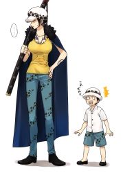 Rule 34 | ..., 1boy, 1girl, age difference, aged down, arm tattoo, black footwear, black hair, chest tattoo, child, closed mouth, coat, coat on shoulders, dual persona, full body, genderswap, genderswap (mtf), hand on own hip, hat, highres, holding, holding sheath, holding sword, holding weapon, legs apart, looking away, o o, official alternate costume, one piece, open mouth, sheath, sheathed, shinto s, shirt, short hair, short sleeves, shorts, simple background, spoilers, standing, surprised, sword, tank top, tattoo, time paradox, trafalgar law, weapon, white background, white shirt, yellow tank top