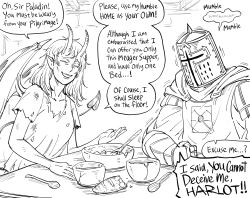 Rule 34 | 1boy, 1girl, :d, armor, bb (baalbuddy), bowl, bread, closed eyes, commentary, demon horns, demon tail, demon wings, english commentary, english text, food, full armor, greyscale, highres, horns, impoverished succubus (baalbuddy), knight, monochrome, open mouth, original, plate armor, rags, smile, spoon, tabard, tail, wings