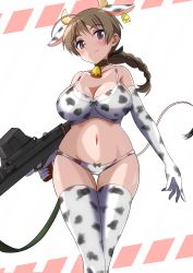 Rule 34 | 1girl, 2021, absurdres, animal ears, animal print, anti-materiel rifle, bell, blue eyes, blush, bra, braid, braided ponytail, breasts, brown hair, chinese zodiac, cleavage, closed mouth, collar, cow ears, cow girl, cow horns, cow print, cow tail, fake animal ears, fake horns, fake tail, groin, gun, highres, horns, large breasts, looking at viewer, lynette bishop, navel, neck bell, panties, ponytail, rifle, rigle, single braid, smile, sniper rifle, solo, strike witches, tail, thighhighs, tricky 46, underwear, underwear only, weapon, world witches series, year of the ox