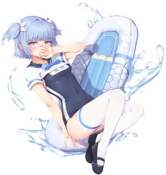 Rule 34 | 1girl, absurdres, bad id, bad pixiv id, black footwear, black one-piece swimsuit, black sailor collar, blue bow, blue hair, blush, bow, breasts, copyright request, covered mouth, covered navel, crop top, flower, full body, greentree, hair flower, hair ornament, hand up, highres, inflatable raft, medium breasts, name tag, one-piece swimsuit, pink eyes, sailor collar, shirt, shoes, short sleeves, simple background, solo, striped, striped bow, swimsuit, swimsuit under clothes, thighhighs, two side up, water, white background, white flower, white shirt, white thighhighs