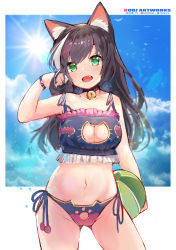 Rule 34 | 1girl, :d, absurdres, animal ear fluff, animal ears, ball, bare shoulders, beachball, bell, bikini, black bikini, black choker, black hair, blue sky, blush, breasts, cat ears, cat lingerie, choker, cleavage, cleavage cutout, clothing cutout, commentary request, day, facebook username, fang, gluteal fold, green eyes, groin, hair between eyes, hand up, highres, holding, holding ball, jingle bell, karyl (princess connect!), kobi (piliheros2000), long hair, looking at viewer, medium breasts, meme attire, multicolored hair, navel, neck bell, open mouth, pixiv id, princess connect!, side-tie bikini bottom, sky, smile, solo, streaked hair, sun, swimsuit, twitter username, very long hair, white hair