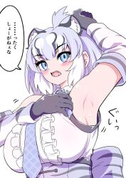 Rule 34 | 1girl, animal print, armpits, back bow, blue eyes, blush, bow, breasts, cave lion (kemono friends), center frills, elbow gloves, fangs, frills, gloves, grey hair, highres, huge bow, huge breasts, kemono friends, kemono friends 3, looking at viewer, mamiyama, necktie, solo, sweat, tiger print, translated, white hair