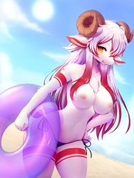 Rule 34 | 1girl, :d, abi (f-noodles), animal ears, beach, bikini, black bikini, blush, body fur, breasts, cloud, collarbone, commentary, contrapposto, cowboy shot, crunchobar, curled horns, english commentary, furry, furry female, hair between eyes, hand on own hip, highres, holding, holding swim ring, horizontal pupils, horns, innertube, large breasts, long hair, looking at viewer, navel, nipples, open mouth, original, purple innertube, red fur, red hair, sheep, sheep ears, sheep girl, sheep horns, sheep tail, sky, smile, snout, solo, standing, summer, sun, swim ring, swimsuit, tail, teeth, topless, white fur, white hair, yellow eyes