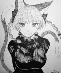 Rule 34 | 1girl, absurdres, animal ears, artist name, bow, braid, breasts, cat ears, cat girl, cat tail, closed mouth, dress, extra ears, eyebrows hidden by hair, fang, fangs, fangs out, greyscale, hair bow, highres, kaenbyou rin, large breasts, long hair, long sleeves, looking at viewer, monochrome, multiple tails, nekomata, ozma (yozakura), pointy ears, signature, slit pupils, smile, solo, tail, tail raised, touhou, twin braids, twintails, twitter username, two tails, upper body