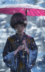 Rule 34 | 1girl, androgynous, black hair, blurry, ghostblade, grey eyes, highres, holding, holding umbrella, japanese clothes, kimono, lips, original, parasol, parted lips, short hair, snow, snowing, solo, umbrella, wide sleeves, wlop, yukata