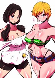 Rule 34 | 2girls, areola slip, bandeau, bare shoulders, belt, black hair, blonde hair, blue eyes, blush, breasts, cleavage, covered erect nipples, curvy, dragon ball, dragonball z, earrings, female focus, heart, erasa (dragon ball), jewelry, large breasts, long hair, looking at viewer, midriff, multiple girls, naughty face, navel, nipples, open mouth, panties, rickert kai, short hair, short shorts, shorts, smile, thong, twintails, underwear, videl, wide hips