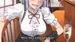 Rule 34 | 10s, 1girl, animated, animated gif, blue eyes, blunt bangs, blush, breasts, cafe, dagashi kashi, drink, drooling, hair ornament, hairband, heavy breathing, indoors, large breasts, looking at viewer, open mouth, purple hair, ribbon, saliva, shidare hotaru, short hair, sitting, solo