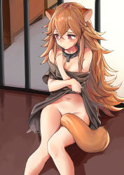 Rule 34 | 1girl, absurdres, animal ears, between legs, blush, breasts, brown dress, brown hair, cleavage, clothes lift, collarbone, colored pencil (medium), dress, dress lift, duan s, hair between eyes, highres, indoors, lifting own clothes, long hair, looking away, navel, no panties, raccoon ears, raccoon girl, raccoon tail, raphtalia, red eyes, sitting, small breasts, solo, strapless, strapless dress, tail, tail between legs, tail censor, tate no yuusha no nariagari, traditional media, very long hair