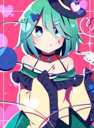 Rule 34 | 1girl, :q, black hat, blood, blood on face, blood on hands, closed mouth, cowboy shot, green eyes, green hair, green skirt, hat, hat ribbon, heart, heart-shaped pupils, heart of string, highres, komeiji koishi, long sleeves, looking at viewer, mini hat, off-shoulder shirt, off shoulder, pink background, pointing, pointing at self, ribbon, shirt, short hair, skirt, smile, solo, standing, symbol-shaped pupils, third eye, tongue, tongue out, touhou, wide sleeves, yellow ribbon, yellow shirt, you (noanoamoemoe)