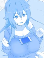 Rule 34 | 1girl, blue theme, breasts, cellphone, cleavage, female focus, getsuyoubi no tawawa, hair between eyes, highres, large breasts, long hair, looking at viewer, monochrome, mori yoshihara (naozuri), nao (ritsancrossover), object on breast, off shoulder, open mouth, original, parody, phone, sitting, smartphone, solo, style parody, sweatdrop, sweater, tawawa challenge
