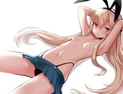 Rule 34 | 1girl, armpits, arms behind head, black hairband, black panties, blonde hair, blue skirt, blush, breasts, brown hair, commentary request, hair between eyes, hairband, haru (renol), kantai collection, long hair, looking at viewer, lying, navel, nipples, on back, panties, shimakaze (kancolle), simple background, skirt, small breasts, solo, topless, underwear, white background