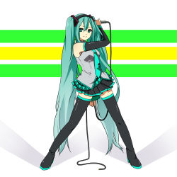 Rule 34 | blue hair, cable, elbow gloves, gloves, green eyes, hatsune miku, hinnu@ao, long hair, microphone, necktie, skirt, solo, thighhighs, twintails, very long hair, vocaloid, zettai ryouiki