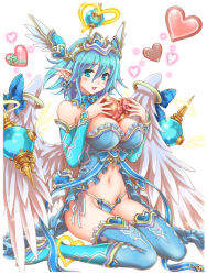 Rule 34 | 1girl, :d, angel wings, bare shoulders, blue eyes, blue footwear, blue hair, blue panties, blush, boots, breasts, candy, chocolate, chocolate heart, cleavage, detached sleeves, feathered wings, food, groin, hair between eyes, halo, head wings, headgear, heart, hisho collection, large breasts, looking at viewer, navel, official art, open mouth, panties, parted lips, pointy ears, sitting, smile, solo, stomach, string panties, thigh boots, thighhighs, toshi, underwear, wariza, wings