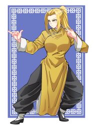 Rule 34 | 1girl, absurdres, blonde hair, changpao, china dress, chinese clothes, dress, fighting, fighting stance, highres, kokoro no koibito, kung fu, martial arts, monk, original, self-upload, training, yellow dress, yellow eyes