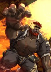 Rule 34 | 1boy, abs, bad id, bad twitter id, bara, bare pectorals, beard, bulge, bunta ru, dark-skinned male, dark skin, eyebrow cut, facial hair, feet out of frame, flaming eye, foreshortening, from below, gluteal fold, hephaestus (housamo), highres, jacket, large pectorals, male focus, muscular, muscular male, navel, nipples, open clothes, open jacket, pants, pectorals, red eyes, red hair, scar, scar on arm, scar on chest, short hair, sleeves rolled up, solo, stomach, sunlight, thick thighs, thighs, tight clothes, tight pants, tokyo houkago summoners
