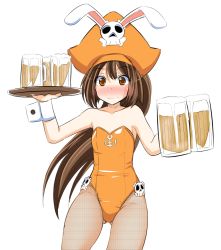 Rule 34 | 1girl, alcohol, animal ears, bare shoulders, beer, beer mug, blush, brown eyes, brown hair, cowboy shot, cup, fake animal ears, fishnet pantyhose, fishnets, flat chest, full-face blush, gluteal fold, guilty gear, guilty gear xrd, hat, leotard, may (guilty gear), mug, orange hat, pantyhose, playboy bunny, poncocchan, rabbit ears, skull, skull and crossbones, solo, tray, waitress