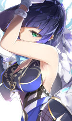 Rule 34 | 1girl, arms up, bare shoulders, blue hair, blunt bangs, breasts, cleavage, commentary request, genshin impact, green eyes, highres, large breasts, looking at viewer, mole, mole on breast, partial commentary, short hair, sleeveless, solo, tomas (kaosu22), upper body, yelan (genshin impact)