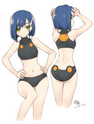 Rule 34 | 10s, 1girl, ass, bikini, blue hair, butt crack, darling in the franxx, dimples of venus, from behind, green eyes, grin, hair ornament, hairclip, hands on own hips, highres, ichigo (darling in the franxx), looking at viewer, looking back, multiple views, navel, short hair, simelu, smile, swimsuit, white background, white bikini