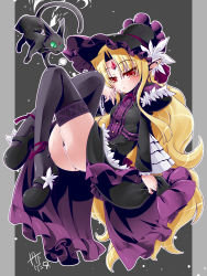 Rule 34 | 1girl, animal, anora arukunoa, ass, black background, black cat, black dress, black footwear, black thighhighs, blonde hair, blush, bonnet, breasts, cat, center frills, colored sclera, dress, earclip, forehead jewel, frills, from side, full body, glint, green sclera, hisame genta, jewelry, juliet sleeves, long hair, long sleeves, looking at another, looking at viewer, mary janes, medium breasts, outside border, panties, parted bangs, parted lips, pink panties, pointy ears, puffy sleeves, red eyes, ring, shoes, slit pupils, thighhighs, underwear, venus blood, venus blood -hypno-, very long hair