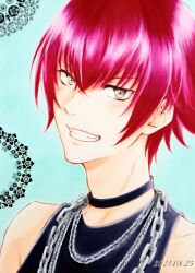 Rule 34 | 1boy, 2021, black choker, black tank top, blue background, brown eyes, chain, chain necklace, choker, dated, jewelry, looking at viewer, male focus, necklace, red hair, short hair, smile, solo, sudou gaku, tank top, teeth, youvoice, yumeiro cast