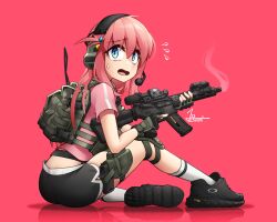 Rule 34 | 1girl, absurdres, ar-15, artist name, backpack, bag, blue eyes, bocchi the rock!, bulletproof vest, butt crack, cube hair ornament, ear protection, eotech, fingerless gloves, full body, gloves, gotoh hitori, gun, hair ornament, handgun, headset, highres, holster, holstered, jestami, knee pads, knee up, long hair, looking back, microphone, military operator, optical sight, pink background, pink hair, radio antenna, reflection, rifle, shirt, shoes, shorts, sig sauer, sig sauer p320, sight magnifier, sitting, sneakers, solo, sweatdrop, t-shirt, thigh holster, trigger discipline, weapon