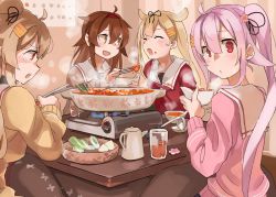 Rule 34 | 4girls, ahoge, alternate costume, blonde hair, bowl, brown eyes, brown hair, brown sweater, chopsticks, closed eyes, commentary request, cup, drinking glass, eating, feeding, flower, food, food on face, hair flaps, hair flower, hair ornament, hairband, hairclip, harusame (kancolle), holding, holding bowl, holding chopsticks, hotpot, kantai collection, kotatsu, light brown hair, long hair, long sleeves, looking at viewer, looking back, multiple girls, murasame (kancolle), nabe, neckerchief, open mouth, pink hair, pink sweater, portable stove, pot, red eyes, red hairband, red serafuku, sailor collar, school uniform, serafuku, shiratsuyu (kancolle), side ponytail, steam, sugue tettou, sweater, table, twintails, yuudachi (kancolle)