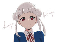 Rule 34 | 1girl, arashi chisato, birthday, commentary, double bun, english text, hair bun, happy birthday, highres, long hair, looking at viewer, love live!, love live! superstar!!, portrait, red eyes, school uniform, single sidelock, smile, solo, van springfield, white background, white hair, yuigaoka school uniform