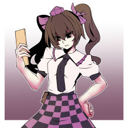 Rule 34 | 1girl, bad id, bad pixiv id, black necktie, bow, brown eyes, brown hair, cellphone, checkered clothes, checkered skirt, cowboy shot, frown, gradient background, hair between eyes, hair bow, hand on own hip, hat, himekaidou hatate, kikoka (mizuumi), necktie, phone, pouch, puffy short sleeves, puffy sleeves, purple background, purple bow, purple hat, shirt, short sleeves, skirt, solo, tokin hat, touhou, twintails, white shirt