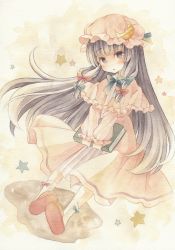 Rule 34 | 1girl, blush, book, bow, capelet, crescent, dress, hair bow, hair ornament, hat, kagome f, long hair, looking at viewer, mob cap, open mouth, painting (medium), patchouli knowledge, purple eyes, purple hair, ribbon, solo, star (symbol), touhou, traditional media, very long hair, watercolor (medium)