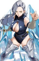 Rule 34 | 1girl, absurdres, armored boots, bare shoulders, belt, blue hair, blue leotard, boots, breasts, cleavage, cleavage cutout, clothing cutout, detached sleeves, fighting stance, hands on own hips, highres, ice, jericho (nanatsu no taizai), large breasts, leotard, light blue hair, lips, long hair, looking to the side, mokushiroku no yonkishi, nanatsu no taizai, parted lips, scabbard, serious, sheath, simple background, skin tight, solo, stray hair, sword, thick thighs, thigh boots, thighs, weapon, yellow eyes, yoshio (55level)
