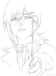 Rule 34 | 1girl, absurdres, chainsaw man, coattails, collared jacket, collared shirt, cropped torso, dongbing zhuoyan, eyelashes, fingernails, hair ornament, hairclip, higashiyama kobeni, highres, holding, holding screwdriver, jacket, lineart, long hair, long sleeves, looking at viewer, low ponytail, necktie, parted lips, screwdriver, shirt, simple background, sketch, solo, sweat, teeth, thick eyebrows, watermark, weibo logo, weibo username, white background