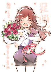 Rule 34 | 10s, 1girl, ashigara (kancolle), bouquet, brown hair, confetti, closed eyes, fangs, flower, hairband, holding, holding flower, jewelry, kantai collection, long hair, open mouth, pantyhose, ribbon, ring, rose, skirt, smile, sodapop (iemaki), solo, tears, uniform, wavy hair, wedding band