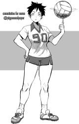 Rule 34 | 1girl, balancing ball, ball, borrowed character, breasts, collared shirt, commission, full body, grey background, greyscale, hand on own hip, hand up, highres, index finger raised, monochrome, numbers (pigpenandpaper), original, parted lips, shirt, shoes, short shorts, short sleeves, shorts, small breasts, socks, solo, sportswear, standing, tomboy, two-tone background, volleyball, volleyball (object), volleyball uniform, white background