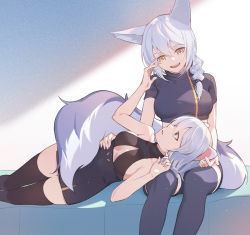 Rule 34 | 2girls, animal ears, arknights, bare shoulders, black legwear, braid, breasts, cleavage, cleavage cutout, clothing cutout, commentary request, crop top, dress, hair between eyes, hand on another&#039;s cheek, hand on another&#039;s face, jacket, unworn jacket, lap pillow, long hair, looking at another, lying, medium breasts, mouse ears, multicolored clothes, multiple girls, nian (zhanian), open mouth, provence (arknights), scavenger (arknights), short dress, short hair, short sleeves, side braid, silver hair, sitting, skindentation, sleeveless, small breasts, smile, tail, thighhighs, thighs, turtleneck, wolf ears, wolf tail, yellow eyes, yuri