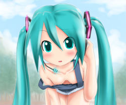 Rule 34 | 00s, 1girl, aqua eyes, aqua hair, bare shoulders, bent over, blush, breasts, cloud, clueless, downblouse, extended downblouse, eyes visible through hair, hanging breasts, hatsune miku, headphones, highres, kazu-chan, leaning forward, long hair, looking at viewer, matching hair/eyes, no bra, no nose, off shoulder, outdoors, parted lips, sky, small breasts, solo, strap slip, tree, twintails, vocaloid