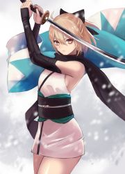Rule 34 | &gt;:(, 1girl, ahoge, arm guards, arms up, black bow, black scarf, blonde hair, bow, breasts, closed mouth, cowboy shot, fate (series), fighting stance, frown, grey background, hair between eyes, hair bow, half updo, highres, holding, holding sword, holding weapon, japanese clothes, katana, kimono, koha-ace, lips, looking at viewer, medium breasts, motion blur, okita souji (fate), okita souji (koha-ace), sash, scarf, serious, shinsengumi, shiny skin, short hair, short ponytail, sideboob, simple background, sleeveless, sleeveless kimono, snowing, solo, standing, sword, thighs, unsheathed, v-shaped eyebrows, weapon, white bow, white kimono, yellow eyes, yukihama