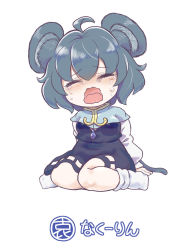 Rule 34 | 1girl, ahoge, animal ear fluff, animal ears, arm support, blush, capelet, chibi, closed eyes, commentary request, cookie (touhou), crying, dot nose, dress, facing viewer, full body, grey dress, grey hair, hair between eyes, jewelry, long sleeves, mouse ears, mouse tail, nazrin, no shoes, nyon (cookie), open mouth, pendant, short hair, simple background, sitting, socks, solo, tail, tears, touhou, translation request, tsuzuchii, wariza, wavy mouth, white background, white sleeves, white socks