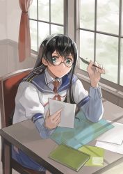 Rule 34 | 1girl, black hair, blue sailor collar, blue skirt, chair, closed mouth, curtains, glasses, hair between eyes, hairband, highres, holding, indoors, kantai collection, kawaoka sachio, long hair, long sleeves, map, necktie, ooyodo (kancolle), quill, red necktie, sailor collar, school uniform, serafuku, sitting, skirt, solo, table, white headwear, window