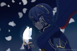 Rule 34 | 1girl, blue eyes, blue hair, bug, butterfly, fire emblem, fire emblem awakening, insect, long hair, looking at viewer, lucina (fire emblem), mask, mask over one eye, nintendo, smile, solo