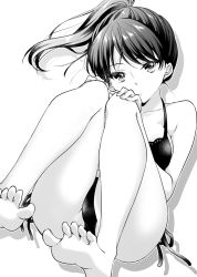 Rule 34 | 1girl, bare arms, bare legs, bare shoulders, barefoot, bikini, breasts, closed mouth, collarbone, feet, greyscale, hands on own knees, highres, ice cream kanojo, kawai miruku, knees up, kuune rin, long hair, looking at viewer, medium breasts, monochrome, ponytail, shadow, side-tie bikini bottom, soles, solo, swimsuit, toes, white background