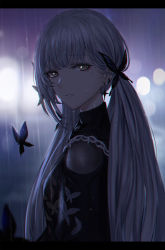 Rule 34 | 1girl, bug, butterfly, character request, chinese commentary, commentary request, from side, girls&#039; frontline neural cloud, grey hair, hair ornament, highres, insect, long hair, long sleeves, looking at viewer, looking to the side, mixed-language commentary, mole, mole under eye, parted lips, rain, selcky, upper body