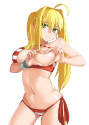 Rule 34 | 1girl, absurdres, ahoge, bikini, blonde hair, breasts, contrapposto, covering nipples, covering privates, cowboy shot, fate/grand order, fate (series), green eyes, hair intakes, halterneck, heart-shaped boob challenge, highres, large breasts, long hair, looking at viewer, nanaya777, navel, nero claudius (fate), nero claudius (fate) (all), nero claudius (swimsuit caster) (fate), side-tie bikini bottom, smile, solo, standing, striped bikini, striped clothes, swimsuit, twintails, white background